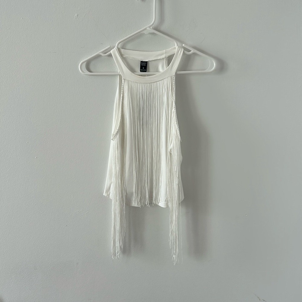 NWT Emery Rose White Round Neck Fringe Bottom Blouse Top Size Medium